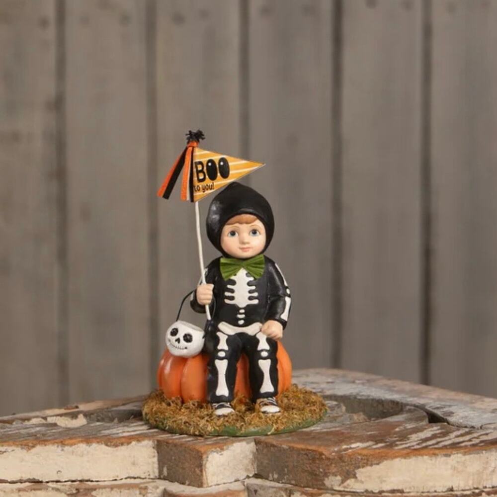 Bethany Lowe Boo To You Oliver Boy In Skeleton Costume Halloween Figurine NEW